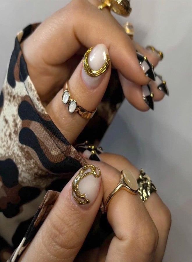 HJKDSFD 30Pcs Short Press on Nails Oval Shaped Fake Nails Black and White Checkerboard False Nails with Gold Chrome Design Pearl Glue on Nail Cute Natural Acrylic Artificial Nail for Women Girls - Image 2
